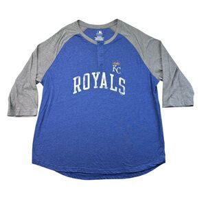 Kansas City Royals Shirt Men's XXL Blue Gray Henley Long Sleeve Button Up MLB